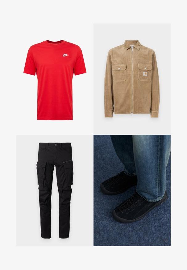 Bruine corduroyjas met een ritssluiting aan de voorkant, twee borstzakken en een klein logo label. Heeft een klassieke kraag en ribbelstructuur.; Rode katoen crewneck t-shirt met korte mouwen, voorzien van een wit Nike-logo op de linkerborst. Gladde textuur en casual ontwerp.; Zwarte cargobroek gemaakt van duurzaam materiaal, met meerdere zijzakken, een ritszak, taps toelopende benen en versterkte stiksels.; Zwarte nubuck sneakers met een gestructureerd oppervlak, subtiele veters en duurzame rubberen zolen, gecombineerd met blauwe spijkerbroeken.