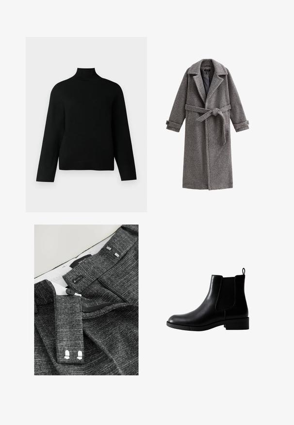 Lang grå uldfrakke med bælte, hakket krave og knaplukninger ved ærmerne. Har tekstureret stof, åben front og løse ærmer.; Sort turtleneck trøje lavet af blødt strikstof, der har lange ærmer og en afslappet pasform. Glat tekstur uden synlige mønstre eller accenter.; Grå teksturerede bukser har en knaplukning, lynlås og stofbæltestropper, med en hvid indvendig foring og markante stikninger.; Sort læder ankelstøvle med rund tå, elastiske sidepaneler og en trækflap. Flad sål med en subtil tekstureret overflade.