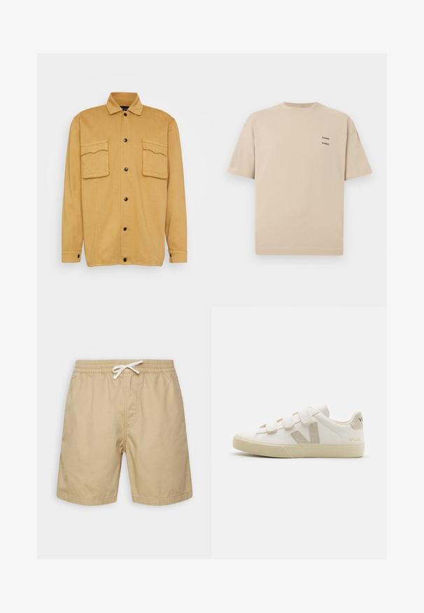 Night Addict NAANON - Veste légère - stone; T-shirt en coton beige avec un col rond et des manches courtes. Présente un petit logo en texte sur le côté supérieur gauche. Design simple et dépouillé.; Shorts en coton beige avec une taille élastique, cordon de serrage et deux poches latérales. Texture lisse, design à mi-mollet.; Baskets en cuir blanc avec des bandes Velcro, accents beiges, bout arrondi, semelle en caoutchouc texturé et logo embossé. Design minimaliste.