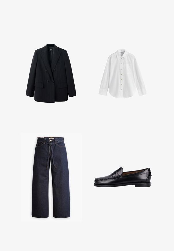 Blazer negro cruzado con finas rayas, solapas anchas, dos bolsillos delanteros con tapeta y cuatro botones en la parte delantera.; Camisa blanca de manga larga con botones, cuello puntiagudo y bolsillo en el pecho, presentada sobre un fondo blanco sencillo.; Jeans de mezclilla oscuros de pierna ancha con cintura alta, que cuentan con un lazo ajustable, cinco bolsillos y detalles de costura en contraste.; Mocasines de cuero negro con un acabado suave, puntera redondeada, costura decorativa y un tacón bajo. El diseño es minimalista sin herrajes visibles.