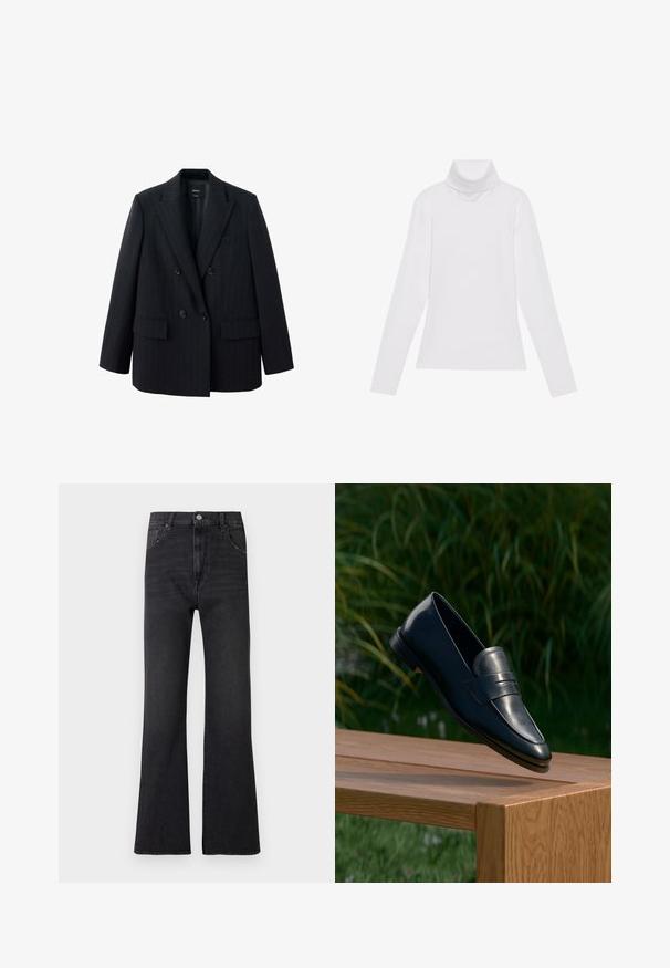 Blazer negro cruzado con finas rayas, solapas anchas, dos bolsillos delanteros con tapeta y cuatro botones en la parte delantera.; Top blanco de manga larga y cuello alto, confeccionado en una tela suave y elástica. Presenta un diseño ajustado, sin patrones o adornos visibles.; Vaqueros acampanados negros de tela vaquera, con cintura alta, dos bolsillos delanteros y un sutil desgaste. Cinco trabillas para cinturón y cierre clásico con botón metálico.; Zapato mocasín de cuero negro equilibrado en el borde de un banco de madera al aire libre con fondo de follaje verde.