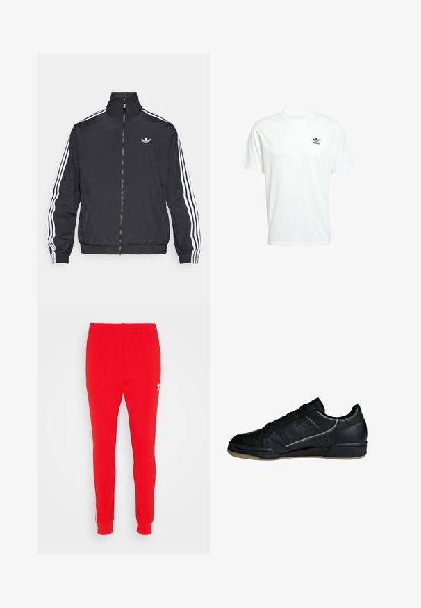 Sort lynlåstrøje med høj krave, med tre hvide striber langs ærmerne og et lille hvidt logo på brystet. Glat stoftekstur.; Hvid bomulds t-shirt med korte ærmer og rund hals. Har et lille sort Adidas-logo på venstre brystområde.; Røde joggingbukser lavet af blødt stof, med slim fit, elastisk talje og hvide sideløse striber med logo detaljer nær hoften.; adidas Originals CONTINENTAL 80 SHOES - Sneakers - black