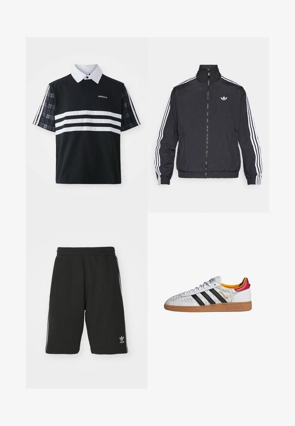 Veste noire à fermeture éclair avec col montant, présentant trois bandes blanches le long des manches et un petit logo blanc sur la poitrine. Texture de tissu lisse.; Polo noir avec des rayures blanches et un logo ; présente des manches courtes à carreaux et un col blanc avec une patte de boutonnage.; Shorts noirs en matière mélangée coton avec une taille élastique, présentant des bandes blanches sur les côtés et un petit logo en bas à gauche.; Baskets Adidas Spezial blanches avec bandes noires, semelle en gomme, motif matelassé, languette talon rouge et doublure intérieure jaune, vue latérale.