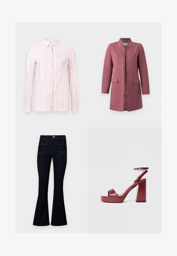 Rosa tekstureret frakke med straight snit, mandarinkrave og to forlommer. Har et fiskebensmønster og et design uden knapper.; Lys pink skjorte med lodrette maroon striber, lange ærmer, knap-åbning foran og klassisk krave. Glat stof og tætsiddende design.; Mørkeblå outfitted jeans med høj talje, lavet af denim, med to baglommer og kontraststing langs sømmene.; Bordeaux højhælede sandaler med en blank lakfinish, bred forstrop og ankelrem, der har en kraftig kvadratisk hæl og platform.