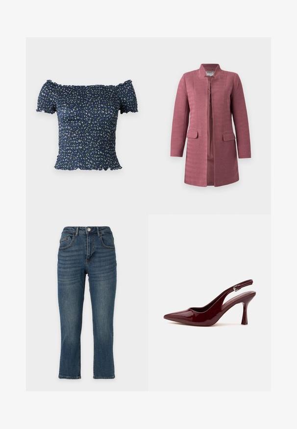 Rosa tekstureret frakke med straight snit, mandarinkrave og to forlommer. Har et fiskebensmønster og et design uden knapper.; Marineblå off-shoulder top lavet af smocket stof, prydet med et blomstermønster med små hvide og grønne blomster. Blød tekstur, korte ærmer.; Blå denimjeans med lige ben, klassisk femlommers design, knaplukning og let falmede detaljer på lårene.; Skinnende mørkerød spids tå slingback højhælet sko med en tynd justerbar rem og spids stilethæl på hvid baggrund.
