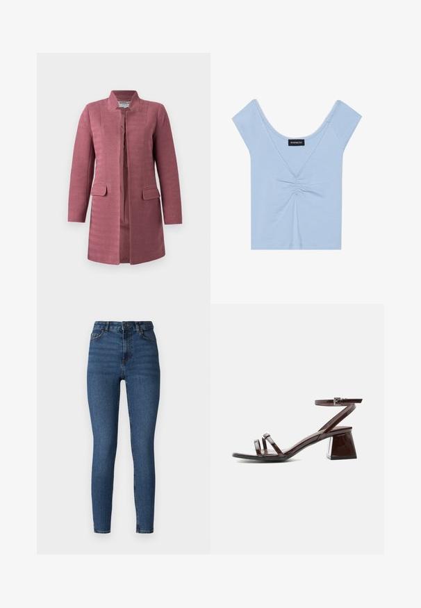 Abrigo rosa texturizado con corte recto, cuello mandarín y dos bolsillos frontales. Presenta un patrón de espiga y un diseño sin botones.; Top de manga corta azul claro, confeccionado en tejido suave, con un frente recogido, escote de pico y un borde festoneado a lo largo del escote.; Jeans skinny de denim azul oscuro con cintura alta, con cierre frontal de botón, presillas para cinturón y diseño estándar de cinco bolsillos.; Sandalia de charol marrón oscuro con tacón bloque, tira en el tobillo con hebilla y dos tiras finas sobre los dedos, sobre fondo blanco.