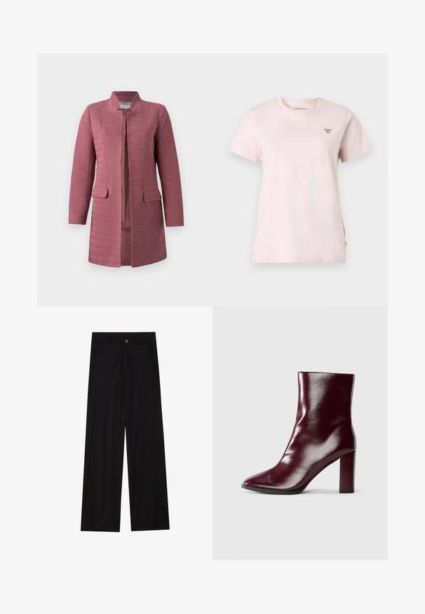 Manteau rose texturé à coupe droite, col officier, et deux poches avant. Présente un motif en chevrons et un design sans boutons.; T-shirt rose clair à manches courtes et col rond avec un petit logo triangulaire rouge et blanc Guess Jeans sur la poitrine gauche.; Pantalons noirs à jambes larges en tissu lisse, avec poches avant et fermeture à bouton à la taille. Design minimaliste sans motifs.; Botte en cuir bordeaux foncé brillant mi-mollet avec bout pointu et talon bloc haut sur fond neutre.