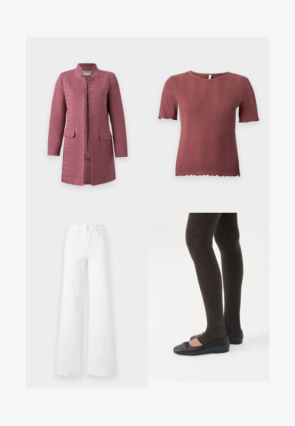 Abrigo rosa texturizado con corte recto, cuello mandarín y dos bolsillos frontales. Presenta un patrón de espiga y un diseño sin botones.; Top de punto acanalado de manga corta en rosa polvo con cuello redondo y borde sutil con efecto ondulado en las mangas y el dobladillo.; Jeans ancho blancos en tela de mezclilla con una cintura alta, que cuentan con bolsillos frontales, trabillas para cinturón y un cierre de botón. Textura suave, sin patrones.; Piernas con leggings oscuros acanalados combinados con bailarinas negras que presentan pequeños detalles de lazo sobre un fondo blanco.