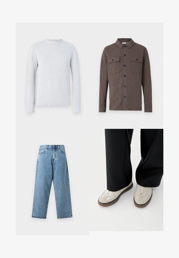 Chemise marron à manches longues avec boutons, deux poches poitrine boutonnées et un col classique sur fond blanc.; Pull en maille gris clair à manches longues avec col rond et poignets et bas en bord-côte, présenté sur fond blanc.; Jean en denim bleu clair avec taille haute, jambes larges et droites, bouton sur le devant, fermeture éclair et design à cinq poches.; Pieds portant des baskets beige avec des semelles marron et un pantalon noir à jambes larges sur fond blanc.