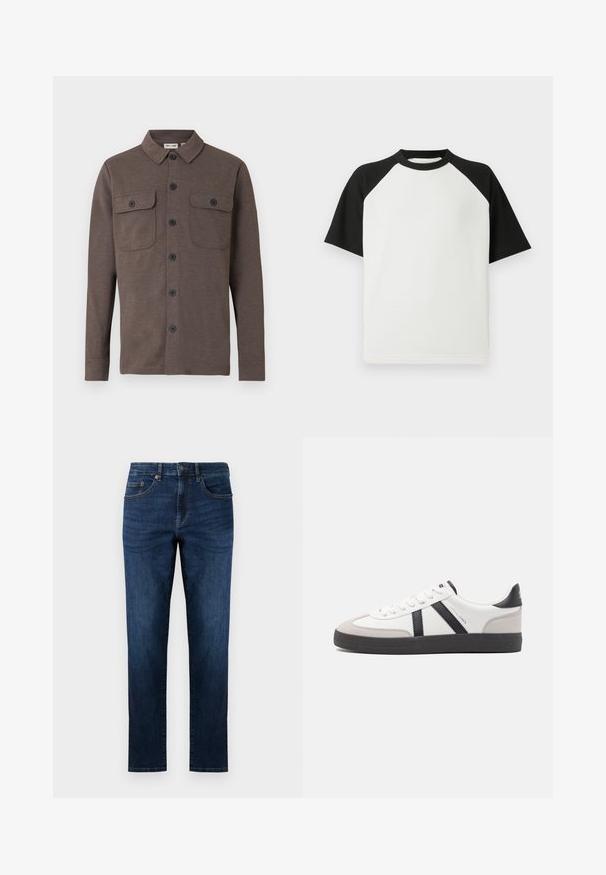 Brun langærmet skjorte med knapper og to brystlommer med knapper samt en klassisk krave på hvid baggrund.; Sort og hvid kortærmet t-shirt med ribbet tekstur; har raglanærmer og rund hals.; Mørkeblå denim jeans med lige ben design, der har fem lommer, syede detaljer og en klassisk knaplukning.; Hvide sneakers med sorte og grå detaljer, med en tekstureret grå tåhætte, sort gummisål og flade hvide snørebånd. Rent design, minimalistisk stil.