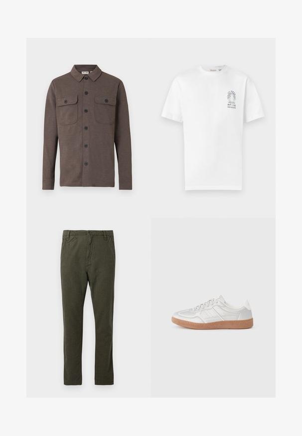 Braunes langärmeliges Hemd mit Knöpfen, zwei knöpfbaren Brusttaschen und klassischem Kragen auf weißem Hintergrund.; Weißes T-Shirt mit kurzen Ärmeln und einem kleinen Motiv eines Pilzes, umgeben von himmlischen Symbolen und japanischem Text auf der linken Brust.; Gerade geschnittene Chino-Hosen in dunkelolivgrün mit vorderem Knopf- und Reißverschluss, seitlichen und kleinen schrägen Vordertaschen.; Silberne Sneakers mit glatter Textur, Schnürdesign, durchbrochenen Akzenten und einer strukturierten braunen Gummisohle.