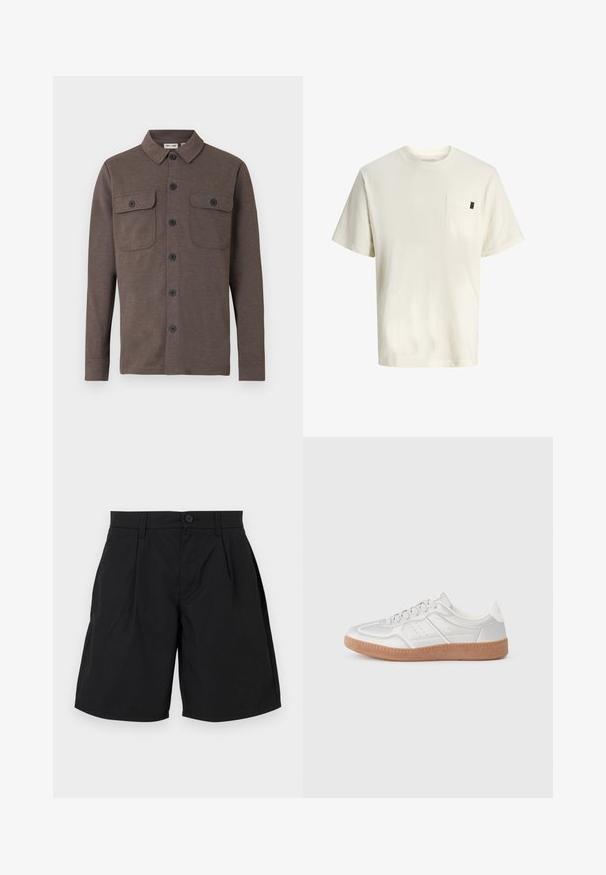 Καφέ πουκάμισο με μακριά μανίκια και κουμπιά, με δύο τσεπάκια στο στήθος με κουμπιά και κλασικό γιακά, πάνω σε λευκό φόντο.; Λευκό βαμβακερό T-shirt με κοντά μανίκια, στρογγυλή λαιμόκοψη, μπροστινή τσέπη στο στήθος και μικρή ετικέτα στο πλάι. Λείο ύφασμα και άνετη εφαρμογή.; Μαύρο σορτσάκι από μαλακό ύφασμα, με κουμπί κλεισίματος, δύο μπροστινές πτυχές και πλάγιες τσέπες, σε χαλαρή γραμμή και ίσιο στρίφωμα.; Ασημένια αθλητικά παπούτσια με λεία υφή, σχέδιο με κορδόνια, τρυπητές λεπτομέρειες και υφή από καφέ καουτσούκ.