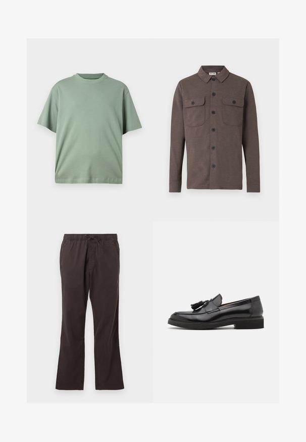 Brun langærmet skjorte med knapper og to brystlommer med knapper samt en klassisk krave på hvid baggrund.; Lys grøn kortærmet t-shirt med rund udskæring, lavet af blødt stof. Designet har en afslappet pasform og ingen synlige mønstre.; Mørkebrune elastiske bukser med snøre, der har et lige ben-design og glat, struktureret stof.; Sorte læder loafers med frynse detalje, afrundet tå og en tekstureret sål. Har en glat finish og minimalistisk design.