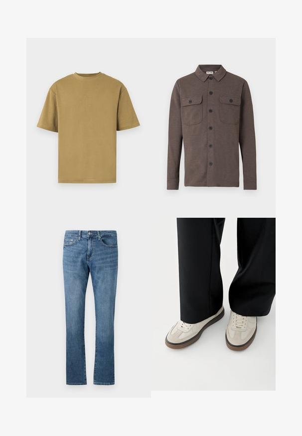 Bruine lange-mouw blouse met knopen, voorzien van twee borstzakken met knopen en een klassieke kraag, op een witte achtergrond.; Khaki korte mouw t-shirt, gemaakt van zachte katoen, met een ronde halslijn en een relaxte pasvorm. Soepele textuur zonder zichtbare patronen of accenten.; Straight-leg blauwe denim jeans met klassiek ontwerp met vijf zakken en knoopsluiting, getoond tegen een witte achtergrond.; Voeten met beige sneakers met bruine zolen en zwarte wijde broekspijpen op een witte achtergrond.