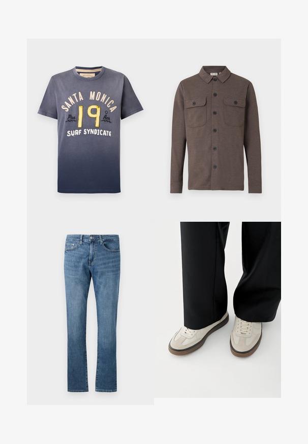 Brun langærmet skjorte med knapper og to brystlommer med knapper samt en klassisk krave på hvid baggrund.; Marineblå bomulds T-shirt med gradienteffekt, med "SANTA MONICA" og "19" i gul og creme broderi, rund hals, korte ærmer.; Straight-leg blå denim jeans med klassisk fem-lomme design og knaplukning, vist mod en hvid baggrund.; Fødder iført beige sneakers med brune såler og sorte bukser med vide ben på hvid baggrund.