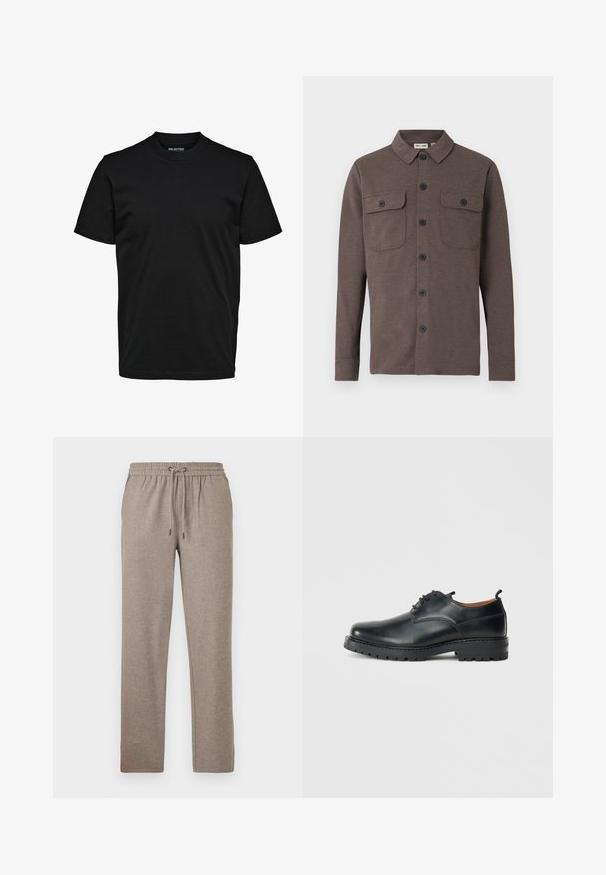 Brun langærmet skjorte med knapper og to brystlommer med knapper samt en klassisk krave på hvid baggrund.; Simpel sort T-shirt med korte ærmer, rund hals og almindelig pasform uden synlige mønstre eller logoer.; Grå joggingbukser lavet af blødt stof, med elastisk talje og snøre samt lige ben.; Sorte læder derby-sko med en glat overflade, rund tå, snøre-design og en tyk, robust gummisål.