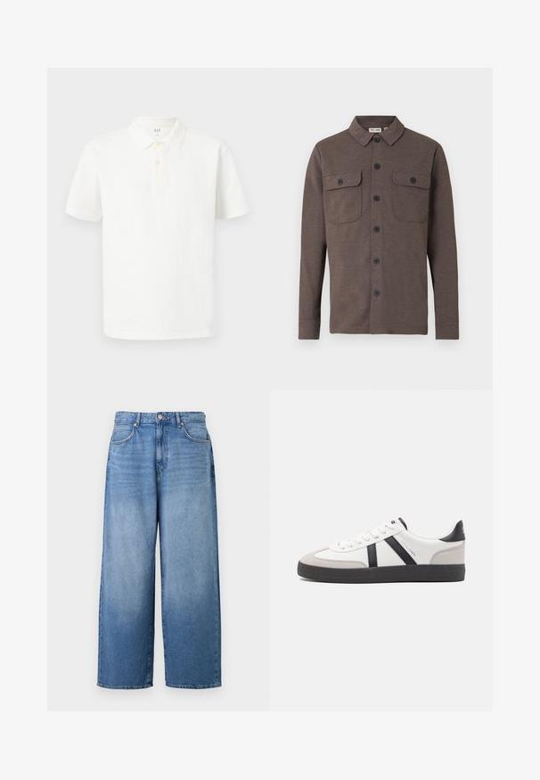 Braunes langärmeliges Hemd mit Knöpfen, zwei knöpfbaren Brusttaschen und klassischem Kragen auf weißem Hintergrund.; Weißes Poloshirt aus Baumwolle mit klassischem Kragen, kurzen Ärmeln, einer Zwei-Knopf-Leiste und subtiler Struktur im Gewebe.; Weite Jeans in Hellblau mit leicht ausgewaschenem Finish. Klassisches Fünf-Taschen-Design und Metallknopfverschluss.; Weiße Sneaker mit schwarz- und grau-aczenten, ausgestattet mit einer strukturierten grauen Zehenkappe, schwarzer Gummi-Sohle und flachen weißen Schnürsenkeln. Sauberes Design, minimalistische Stil.