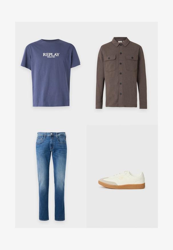 Camisa marrón de manga larga con botones, dos bolsillos en el pecho con botones y cuello clásico sobre fondo blanco.; Camiseta de algodón azul marino con cuello redondo, mangas cortas y texto blanco "REPLAY SINCE 1981" impreso en la parte delantera. Diseño sencillo, sin patrones.; Jeans de denim azul para hombres con un lavado desgastado, diseño de pierna recta, cinco bolsillos y cierre de botón delantero. Detalles de costura en los bolsillos.; Zapatilla de cuero blanca con puntera beige y suela de goma marrón claro. Presenta cordones planos blancos y una marca en relieve en el lateral.