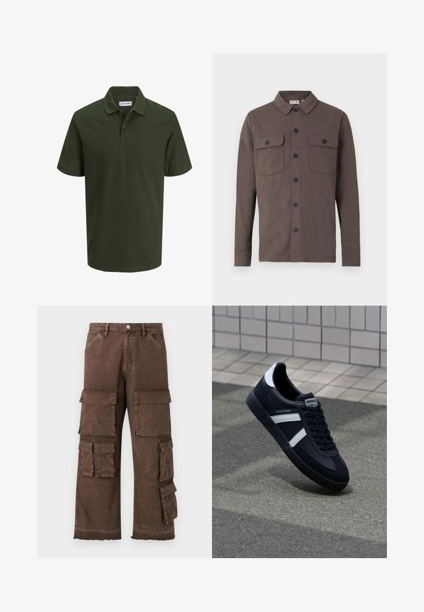 Bruine lange-mouw blouse met knopen, voorzien van twee borstzakken met knopen en een klassieke kraag, op een witte achtergrond.; Donkergroene polo met een gestructureerde stof. Voorzien van een kraag, twee knopen en een klein logo op de borst. Korte mouwen.; Bruine cargo-broeken met een losse pasvorm, meerdere zijzakken en een rafelige zoom. Gemaakt van stevig, gestructureerd materiaal voor duurzaamheid.; Zwarte leren sneaker met witte strepen, een gestructureerde rubberen zool en vetersluiting aan de voorkant. Voorzien van een merklabel op de tong.