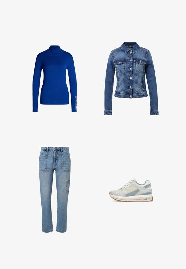 Veste en denim bleu moyen avec un col classique, une fermeture à boutons et deux poches poitrine. Présente des coutures contrastées et des manches longues.; Pull col roulé bleu en tissu doux et extensible. Il a des manches longues et le texte "JOOP! JEANS" imprimé en blanc sur la manche droite.; s.Oliver BOYFRIEND - Jean boyfriend - blau; Baskets blanches et grises à lacets avec des panneaux en maille beige, semelle surélevée et logo sur le talon et la semelle extérieure, vue de profil côté gauche.