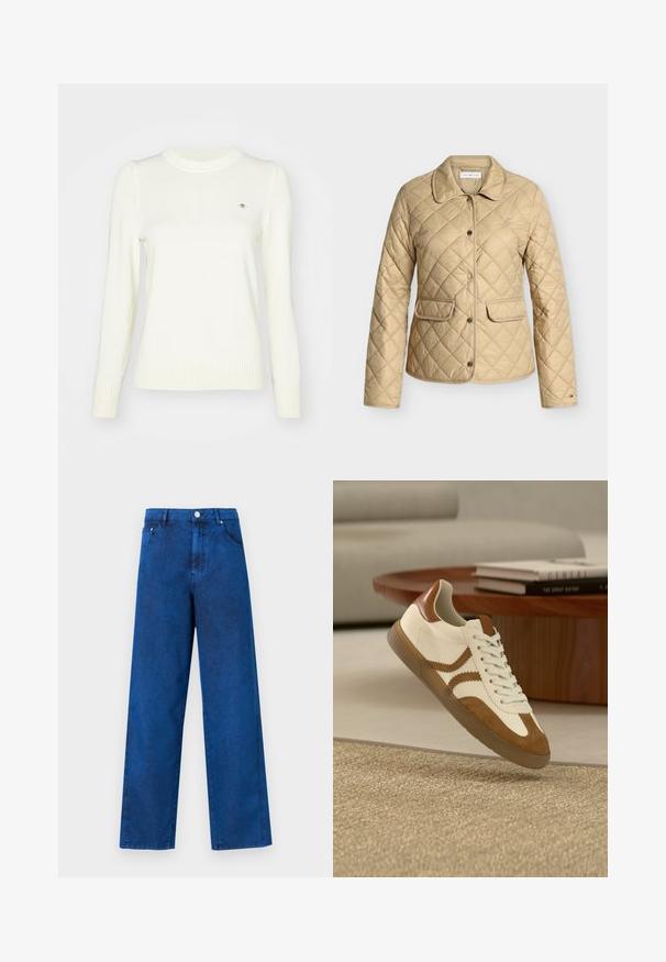 Beige quiltet jakke med krave, trykknaplukning, to klaplommer og subtilt broderet logo på bryst og ærme.; Lyscreme sweater, strikket tekstur, crew neck, lange ærmer, ribbede manchetter og søm. Diskret logodetalje på brystet.; Blå denim bredbenede bukser med høj talje, der har stikninger, forlommer og metalknaplukning.; Hvide og beige sneakers med læder- og ruskindsmaterialer, rund tå, snøresystem og tekstureret gummisål med dekorative sidestriber.