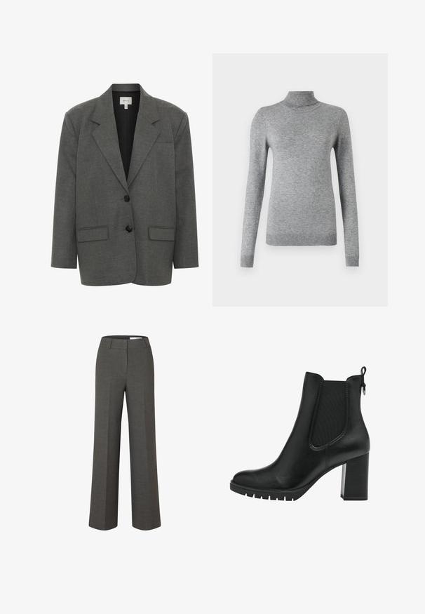 Gestuz PAULA - Blazer - dark grey melange; Grå turtleneck sweater lavet af blødt materiale, med lange ærmer, ribbede manchetter og en tætsiddende design med en glat tekstur.; Mørkegrå skræddersyede bukser med vide ben, frontbirl og taljebånd med bæltestropper på hvid baggrund.; Tamaris CHELSEA - Plateaustøvletter - black