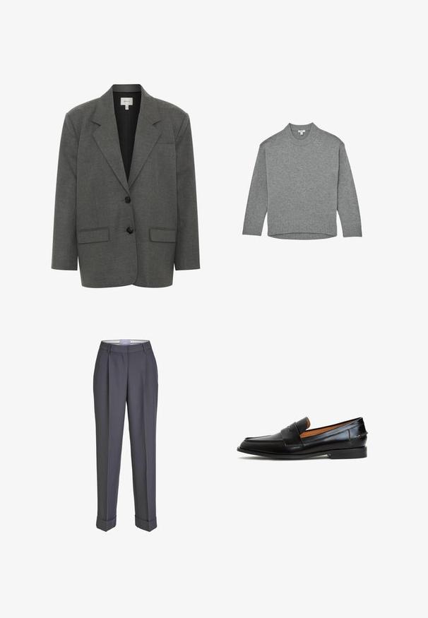 Gestuz PAULA - Blazer - dark grey melange; Grijze gebreide trui met ronde hals, lange mouwen en geribde boorden en zoom, plat op een witte achtergrond gelegd.; Donkergrijze op maat gemaakte broek met een recht gesneden ontwerp, geplooid voorpand en omslagmanchetten. Gemaakt van soepel materiaal, met een klassieke tailleband.; Zwarte leren loafers met een strakke uitstraling, voorzien van een brede band over de wreef, een ronde neus en een platte zool. Soepele textuur met minimale stiksels.