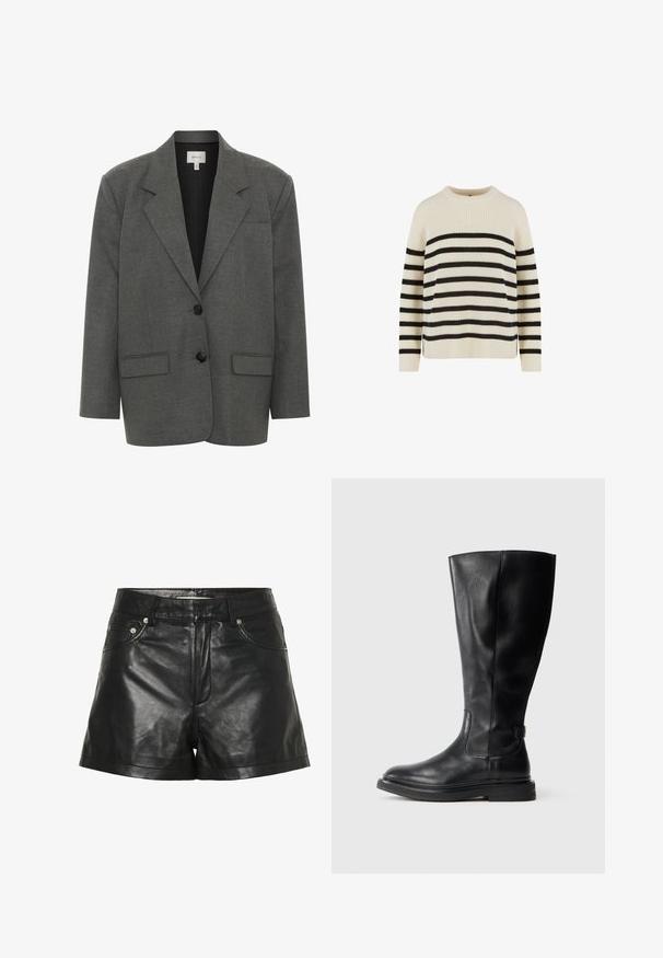 Gestuz PAULA - Bleiseri - dark grey melange; Kermapaita mustilla vaakasuorilla raidoilla, ribbien rakenne, pyöreä kaula-aukko ja rento istuvuus. Pitkät hihat, joissa on kontrastiväriset yksityiskohdat.; Mustat nahkashortsit, joissa on sileä ja kiiltävä pinta. Shortsien etuosassa on taskut, metalliset yksityiskohdat ja muotoiltu vyötärö.; Mustat nahkaiset polven yli ulottuvat saappaat, joissa on pyöristetty kärki, hieman teksturoitu päällinen ja kumipohja. Sivupaneeli helpottaa tarjoamalla nopean pukeutumisen.