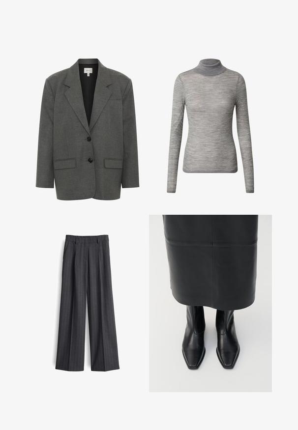 Gestuz PAULA - Blazer - dark grey melange; EDITED HATTI - Strickpullover - grau; Dunkelgraue Hosen mit weitem Bein, dezentem Nadelstreifenmuster, vorderen Falten, Seitentaschen und Gürtelschlaufen.; Schwarze Lederstiefel mit hohem Schaft und quadratischer Zehenform sowie seitlichem Reißverschluss. Glatte Textur und minimales Zubehör; kombiniert mit einem schwarzen Lederrock.