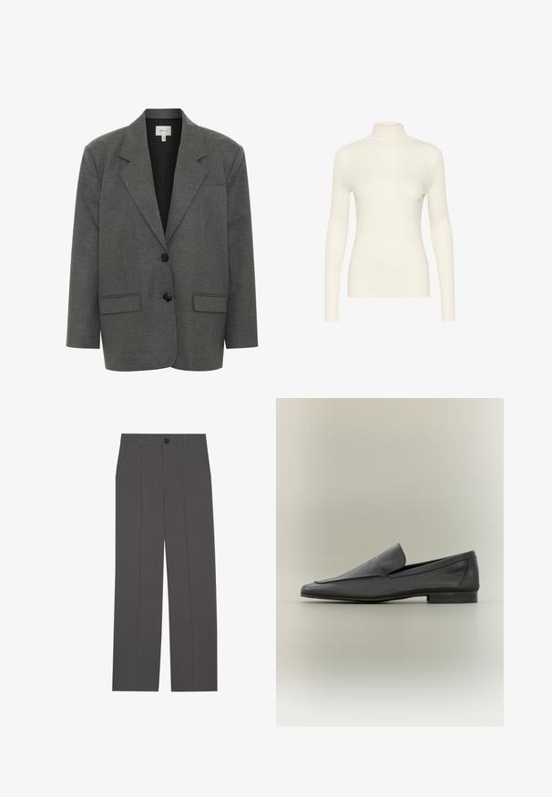 Gestuz PAULA - Blazer - dark grey melange; Hvid langærmet turtleneck-top, lavet af glat stof med en tætsiddende form, der har en høj krave og et minimalistisk design.; Grå bukser med lige ben design, der har to side lommer og en knaplukning. Glat stof uden synlige mønstre eller detaljer.; Sorte læder loafers med en glat overflade, spids tå og minimalistisk design. Lav stablet hæl og subtile syninger.