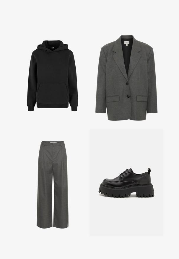 Gestuz PAULA - Blazer - dark grey melange; Sort hættetrøje med lange ærmer og en frontlomme, lavet af blødt stof med ribstrikkede manchetter og kant.; Grå brede bukser lavet af struktureret stof, med høj talje og frontfolder, uden synlige lommer eller hardware detaljer.; Sorte læder platform sko med en kraftig, rillet gummisål og seks snøringer. Har en rund tå og en hælhank for nem påtagning.