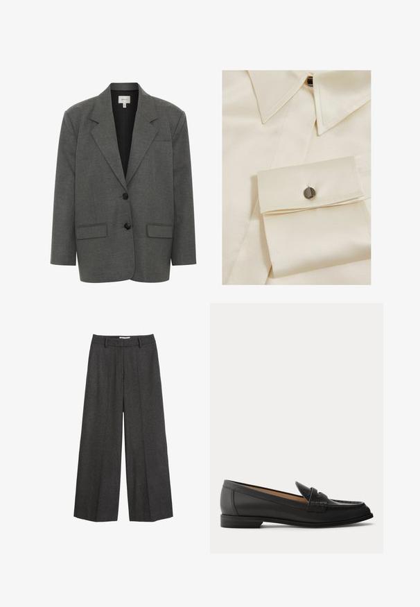Gestuz PAULA - Blazer - dark grey melange; Cremefarvet satin skjorte med spids krave, knaplukning og en manchet med en sort knapdetalje. Glat tekstur og struktureret design.; Bredde bukser i mørkegrå stof. Har en skræddersyet talje med bæltesløjfer, glat tekstur og minimale syninger som detaljer.; Sort dames loafer i læder med lav hæl, rundet tå og syninger på overdelen, vist fra siden på en ensfarvet baggrund.
