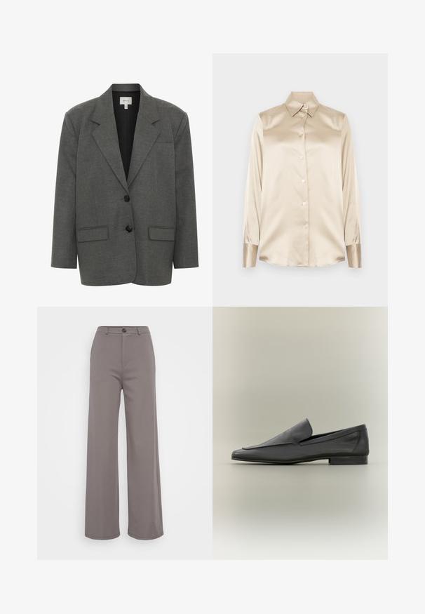 Gestuz PAULA - Blazer - dark grey melange; Beige satin skjorte med spids krave, lange ærmer, knaplukning og manchetter i en lidt glattere finish. Ingen mønstre eller detaljer.; Bredde bukser i et blødt gråt stof. Har en knaplukning og rene sømme. Glat tekstur uden synlige mønstre eller udsmykninger.; Sorte læder loafers med en glat overflade, spids tå og minimalistisk design. Lav stablet hæl og subtile syninger.
