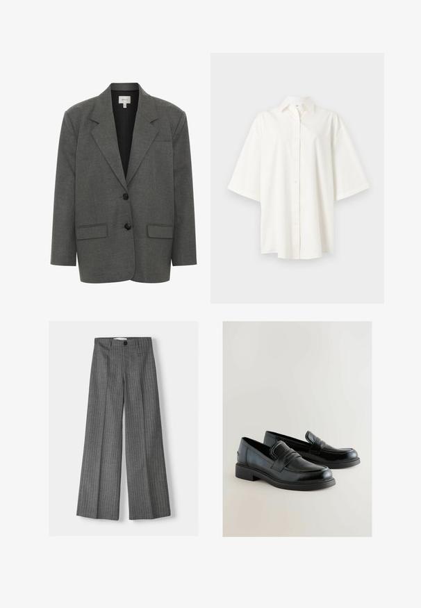 Gestuz PAULA - Blazer - dark grey melange; Hvid kortærmet skjorte med knapper, krave, lige kant og løs pasform på en ensfarvet lys baggrund.; Grå brede bukser med stribe-mønster, udstyret med knaplukning og to forlommer. Lavet af tekstureret stof.; Sorte læder loafers med en glat finish, hævede sømdetaljer og en lav, firkantet hæl. Sideaccenterne er minimale og elegante.