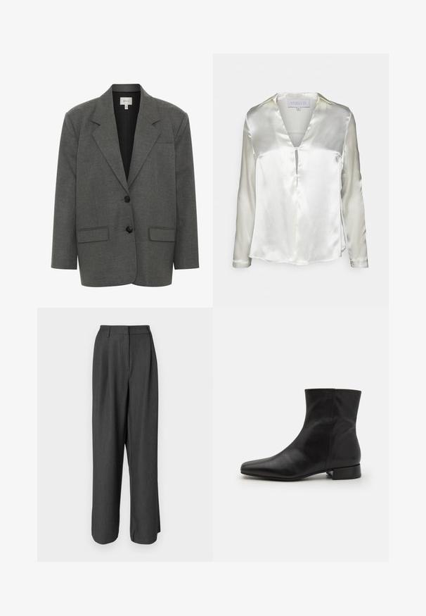 Gestuz PAULA - Blejzer - dark grey melange; STUDIO ID ALYSSA - Blúzka - champagne; Tmavošedé široké nohavice so strihaním. Majú hladkú textúru, detail zohybovania a stredne vysoký pás.; Čierna kožená členková čižma s špicatou špičkou, hladkou textúrou, minimalistickým dizajnom a nízkym blokovým podpätkom. Bočný zips zasahuje až k členku.
