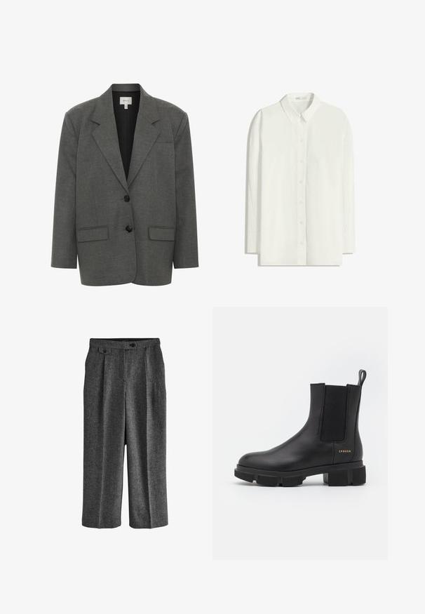 Gestuz PAULA - Blazer - dark grey melange; Weißes Langarm-Hemd mit Knopfverschluss aus leichtem Stoff. Verfügt über einen klassischen Kragen, geraden Saum und eine Knopfleiste.; Next REGULAR FIT N PREMIUM WIDE LEG PLEATED - Anzughose - grey; Schwarze Leder-Ankle-Boots mit elastischen Seitenpaneelen und einer robusten, profilierten Sohle. Mit einer Zuglasche und goldenen Markendetails. Matte Oberfläche.