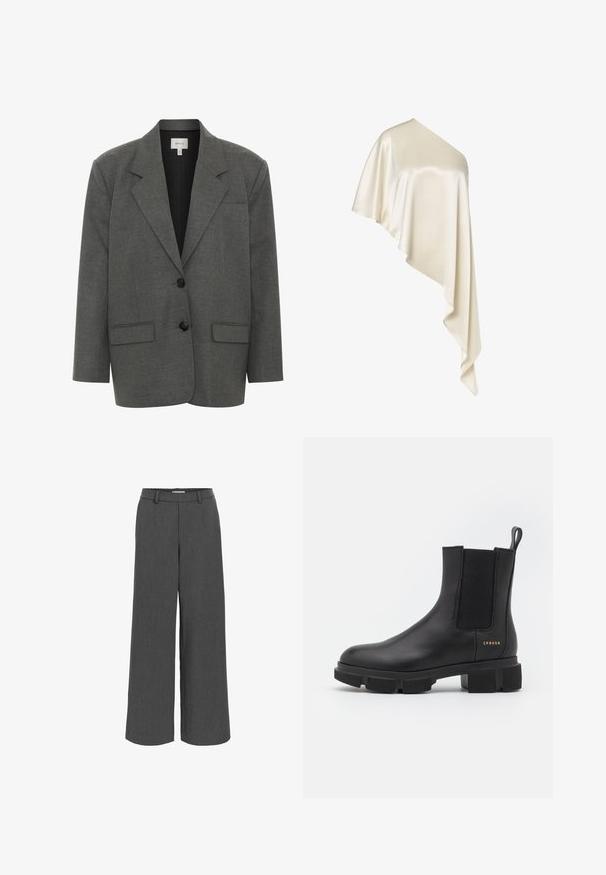 Gestuz PAULA - Blazer - dark grey melange; Cremefarbener Satin-Ein-Schulter-Top mit asymmetrischem, fließendem Drapierungsdesign und längeren Stoffbahnen auf einer Seite.; Graue weit geschnittene Hosen aus strukturiertem Stoff, mit elastischem Bund und vorderen Taschen für eine lockere Passform.; Schwarze Leder-Ankle-Boots mit elastischen Seitenpaneelen und einer robusten, profilierten Sohle. Mit einer Zuglasche und goldenen Markendetails. Matte Oberfläche.