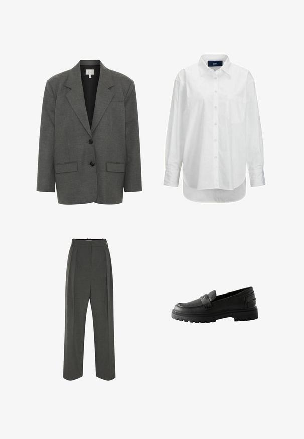 Gestuz PAULA - Blazer - dark grey melange; Camisa blanca de manga larga en algodón suave con cuello abotonado, bolsillo frontal y dobladillo curvado. Cuenta con un canesú en la parte posterior para mayor estructura.; Pantalones grises de pierna ancha hechos de tela texturizada, con cintura alta y pliegues frontales. El diseño incluye una pretina lisa y sin cierres visibles.; Mocasín de cuero negro con suela gruesa con tacos, puntera redonda y un detalle de correa sobre el empeine, mostrado en perfil lateral sobre fondo blanco.