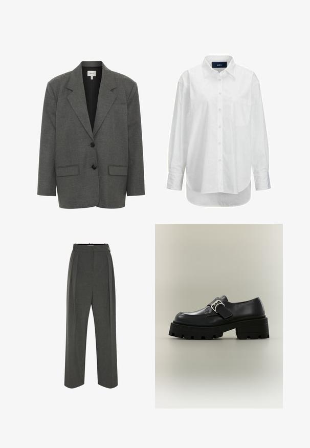 Gestuz PAULA - Blazer - dark grey melange; Witte lange mouwen shirt van glad katoen met een button-down kraag, voorzak en ronde zoom. Heeft een achterpand voor extra structuur.; Grijze wijde broek van gestructureerde stof, met een hoge taille en plooien aan de voorkant. Het ontwerp heeft een gladde tailleband en geen zichtbare sluitingen.; Zwarte leren loafer met grove profielzool en zilveren gespsluiting, gefotografeerd tegen een effen lichtgrijze achtergrond.