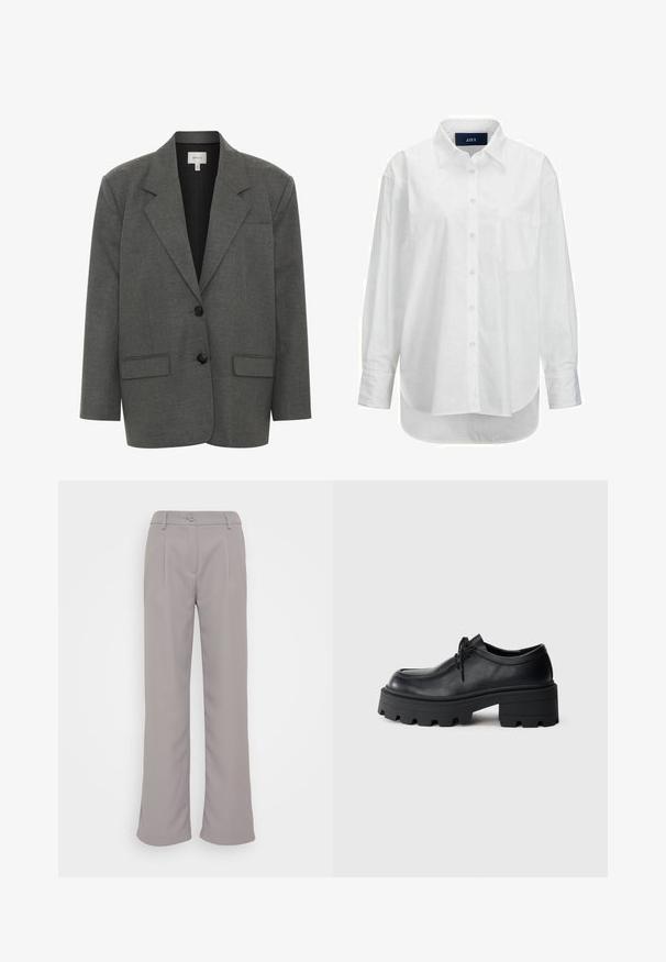Gestuz PAULA - Blazer - dark grey melange; Chemise blanche à manches longues en coton doux avec un col boutonné, une poche à l'avant et un ourlet arrondi. Présente un empiècement au dos pour plus de structure.; Pantalons gris à jambes larges avec une texture lisse. Comprend des plis avant, une fermeture à bouton et des poches latérales. Design classique pour un usage polyvalent.; Chaussure en cuir noir à lacets avec une semelle en caoutchouc noir épaisse et texturée et un bout arrondi. Présente des détails de couture discrets.