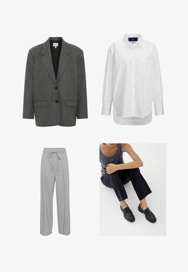 Gestuz PAULA - Blazer - dark grey melange; Hvid langærmet skjorte i glat bomuld med knapkrave, frontlomme og buet nederkant. Har en rygskulder for ekstra struktur.; Grå linned brede bukser med høj talje, udstyret med snørre, folder foran og en blød, struktureret finish.; Sorte læderloafers med teksturerede detaljer, lav hæl, rund tå og synlige syninger. Modellen bærer mørke bukser og en grå top.