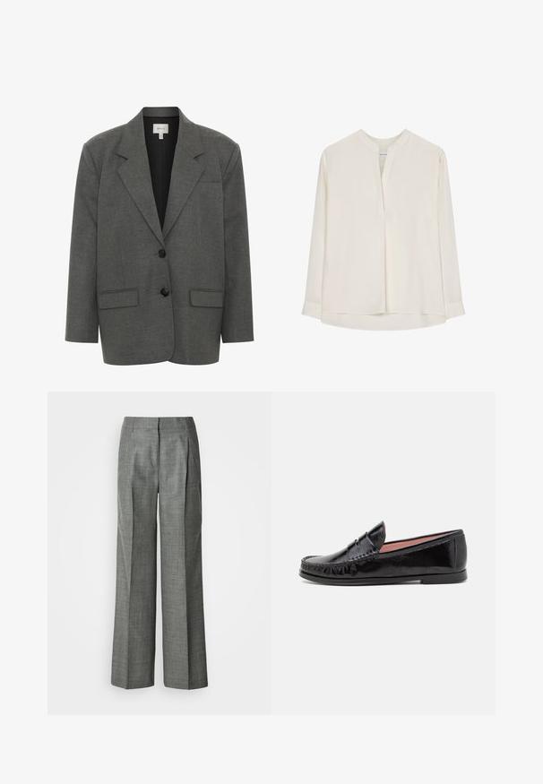 Gestuz PAULA - Blazer - dark grey melange; Seidensticker SEIDENSTICKER TUNIKA SCHWARZE ROSE - Blouse - ecru; Pantalon gris à jambes larges en tissu texturé, avec des plis, un devant plat et une coupe droite. Pas de poches visibles ni d'ornements.; Mocassins en cuir verni noir avec un bout arrondi, des coutures décoratives sur le dessus et une semelle en caoutchouc basse et plate.