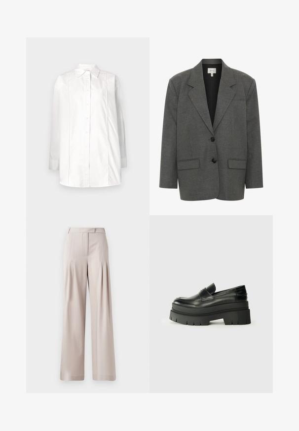 Gestuz PAULA - Blazer - dark grey melange; Hvid langærmet skjorte lavet af bomuld med klassisk krave, knaplukning foran og lodrette pyntesyninger på kroppen.; Beige vidde bukser med en glat tekstur, plisseret frontdesign og en skræddersyet talje. Velegnet til formelt eller afslappet brug.; Sorte læder loafers med en kraftig platformsål. Rund tå, forkant-søm detalje og subtile syninger. Flad, struktureret ydersål.
