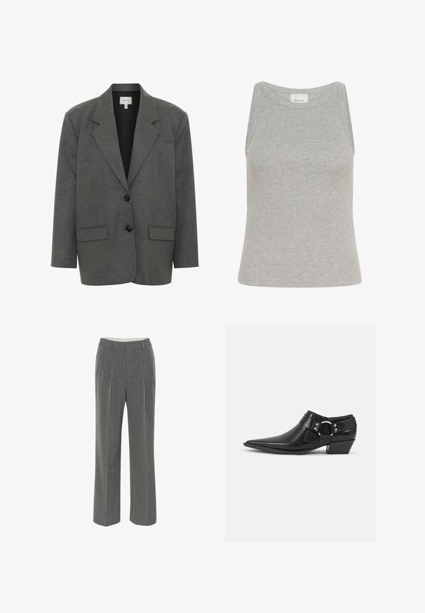 Gestuz PAULA - Blazer - dark grey melange; Débardeur gris côtelé avec un col rond et un design sans manches. Fabriqué en tissu doux, il présente une silhouette ajustée et des coutures minimales.; Pantalons gris à rayures fines avec une coupe ajustée, un devant plat et un design à jambe large. Fabriqués en tissu lisse et léger.; Bottines en cuir noir avec un bout pointu, présentant une sangle en cuir à l'avant et un détail de boucle en argent, ainsi qu'un petit talon carré.