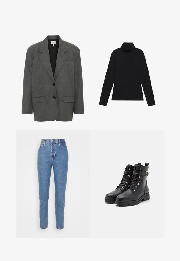 Gestuz PAULA - Blazer - dark grey melange; Schwarzes langärmeliges Rollkragenshirt. Weicher Stoff, enganliegendes Design, hoher Kragen und seitliche Nähte. Schlichter und vielseitiger Stil, der sich gut für das Layering eignet.; Blaue hochtaillierte gerade Jeans mit verdecktem Knopf und Reißverschluss, Gürtelschlaufen und Taschen, vor einem schlichten weißen Hintergrund präsentiert.; Schwarze Leder-Stiefeletten mit runder Spitze, Schnürdesign, goldenen Ösen, Schnallenakzent und einer klobigen, strukturierten Sohle.