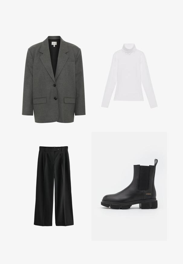 Gestuz PAULA - Blazer - dark grey melange; Weißes Langarm-Turtleneck-Oberteil aus glattem, elastischem Stoff. Mit hohem Kragen und tailliertem Schnitt, ohne sichtbare Muster oder Verzierungen.; Schwarze, weit geschnittene Hose mit vorne gelegten Falten, Gürtelschlaufen und Knopfverschluss im Bund, dargestellt auf weißem Hintergrund.; Schwarze Leder-Ankle-Boots mit elastischen Seitenpaneelen und einer robusten, profilierten Sohle. Mit einer Zuglasche und goldenen Markendetails. Matte Oberfläche.