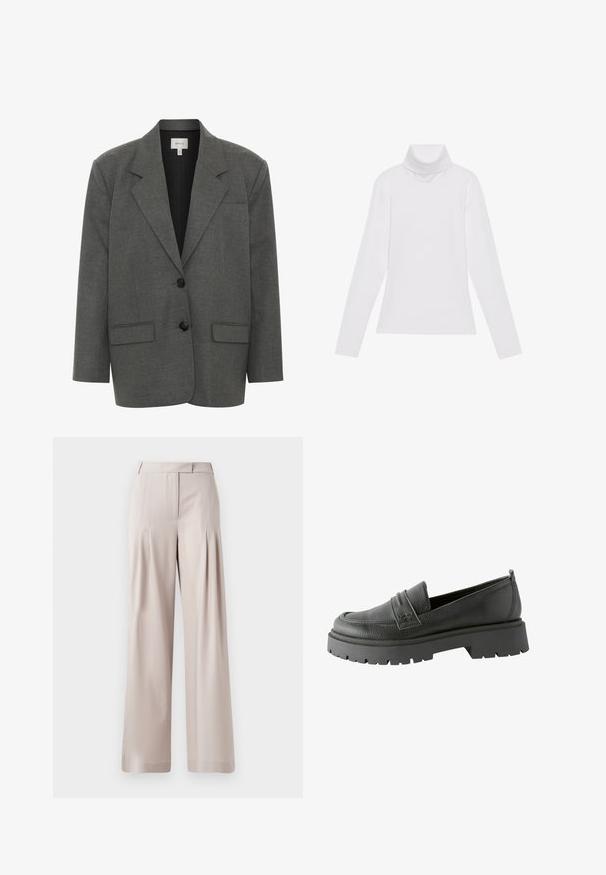 Gestuz PAULA - Blazer - dark grey melange; Hvid langærmet turtle-neck top lavet af glat, strækbart stof. Har en høj krave og tætsiddende design, uden synlige mønstre eller udsmykninger.; Beige vidde bukser med en glat tekstur, plisseret frontdesign og en skræddersyet talje. Velegnet til formelt eller afslappet brug.; Sorte læder loafers med en tekstureret overflade, fremtrædende syning og en tykk sort gummisåle med mønster.