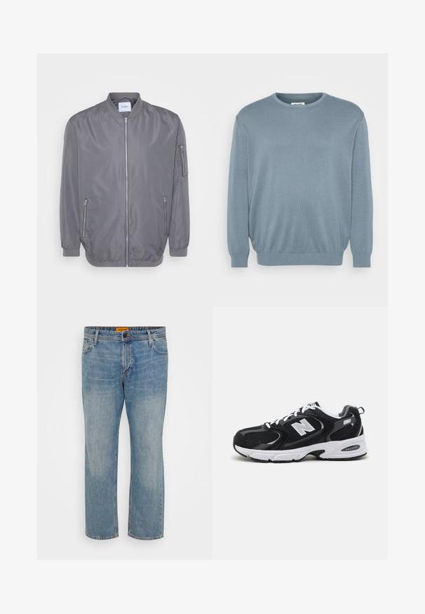 Graue Bomberjacke mit einem Reißverschluss vorne, geripptem Kragen und Bündchen, seitlichen Reißverschlusstaschen und einer kleinen Armtasche. Glattes, leichtes Material.; Helles blaues Sweatshirt aus Strickstoff, mit rundem Halsausschnitt und gerippten Bündchen und Saum. Einfaches Design mit einer weichen Textur.; Hellblaue Denim-Jeans mit geradem Bein, ausgestattet mit fünf Taschen, einem Knopfverschluss und einem orangefarbigen Markenschild am Bund.; Schwarze und graue Sportschuhe mit Obermaterial aus Mesh und Wildleder, ausgestattet mit einer weißen Zwischensohle, Schnürsenkeln und einem markanten "N"-Logo an der Seite.