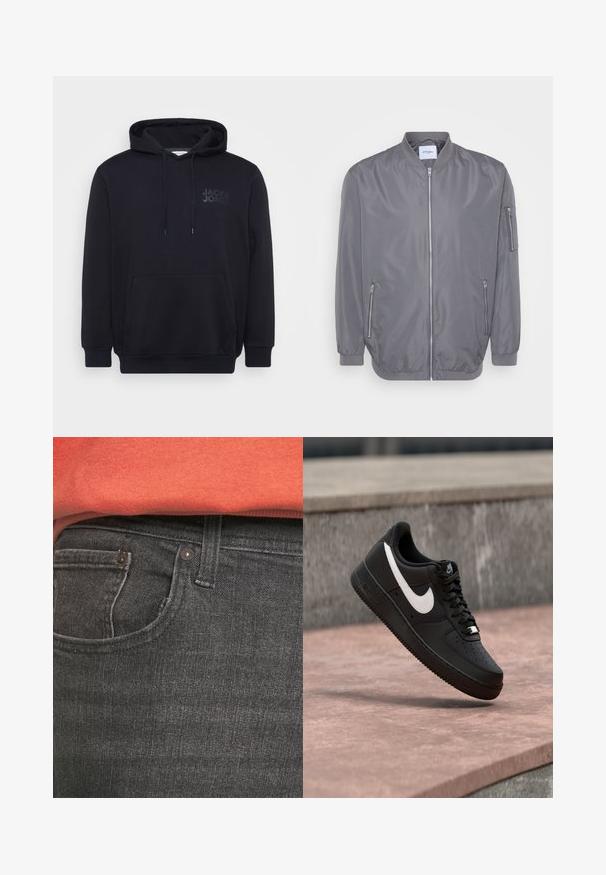 Graue Bomberjacke mit einem Reißverschluss vorne, geripptem Kragen und Bündchen, seitlichen Reißverschlusstaschen und einer kleinen Armtasche. Glattes, leichtes Material.; Schwarzer Hoodie aus Baumwollmischung, mit einer vorderen Kängurutasche, einer Kapuze mit Zugband und einem dezenten Logodesign auf der Brust.; Dunkelgraue Denim-Jeans verfügen über eine Vordertasche, kleine Metallnieten und eine strukturierte Oberfläche. Das Material wirkt weich mit einem leichten Glanz.; Schwarzer Nike Air Force 1 Sneaker mit weißem Swoosh-Logo, der über einer Steinformation schwebt, vor einem grauen strukturierten Hintergrund.