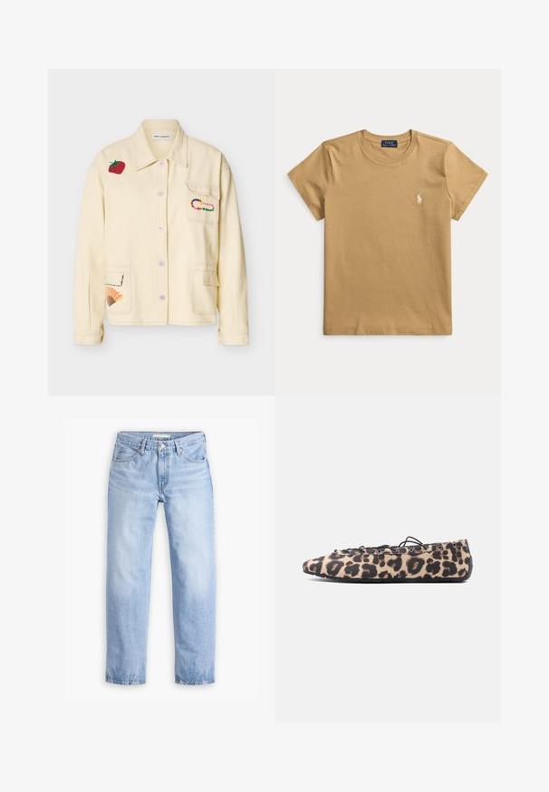 Kremfarvet skjortejakke med jordbærpatch på skulderen, farverig perlebroche på brystlommen og blæserpatch på den nederste lomme.; Beige kortærmet Polo Ralph Lauren T-shirt med rund hals og lille hvidt broderet logo på venstre bryst.; Lyseblå denimjeans med en lige ben-design, fem lommer og en mellemhøj talje. Har en falmet struktur og håndsyet kant.; Flad sko med leopardmønsterstof, sorte snørebånd trådet gennem metaløjer og en fleksibel gummisål på hvid baggrund.